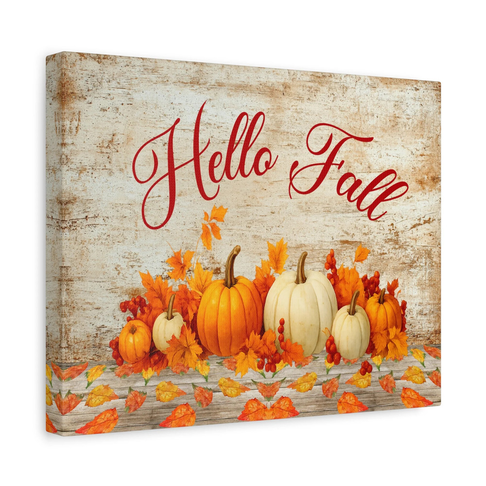 Hello Fall Pumpkin Canvas Wall Art Rustic Autumn Farmhouse Decor